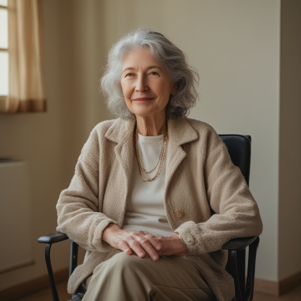 Ältere Person mit grauem Haar in aufrechter Sitzhaltung auf einem Stuhl, Hände auf den Knien, in einem hellen Raum mit warmem Licht, der ruhige Konzentration und Würde ausstrahlt