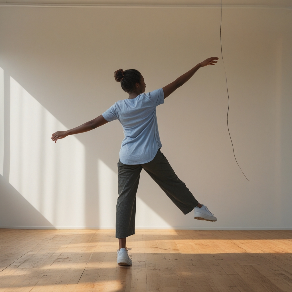 Person balanciert auf einem Bein auf einem Holzboden in einem hellen Studio, Arme leicht ausgestreckt zur Balance, das Licht kommt schräg von oben und wirft einen langen Schatten