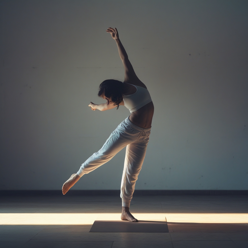Person in einer Balance-Pose auf einem Bein, seitliches Licht hebt die Kontur und Muskelspannung hervor, Hintergrund ist dunkel und neutral, nur die Körpersilhouette und ein Streifen Tageslicht sind sichtbar
