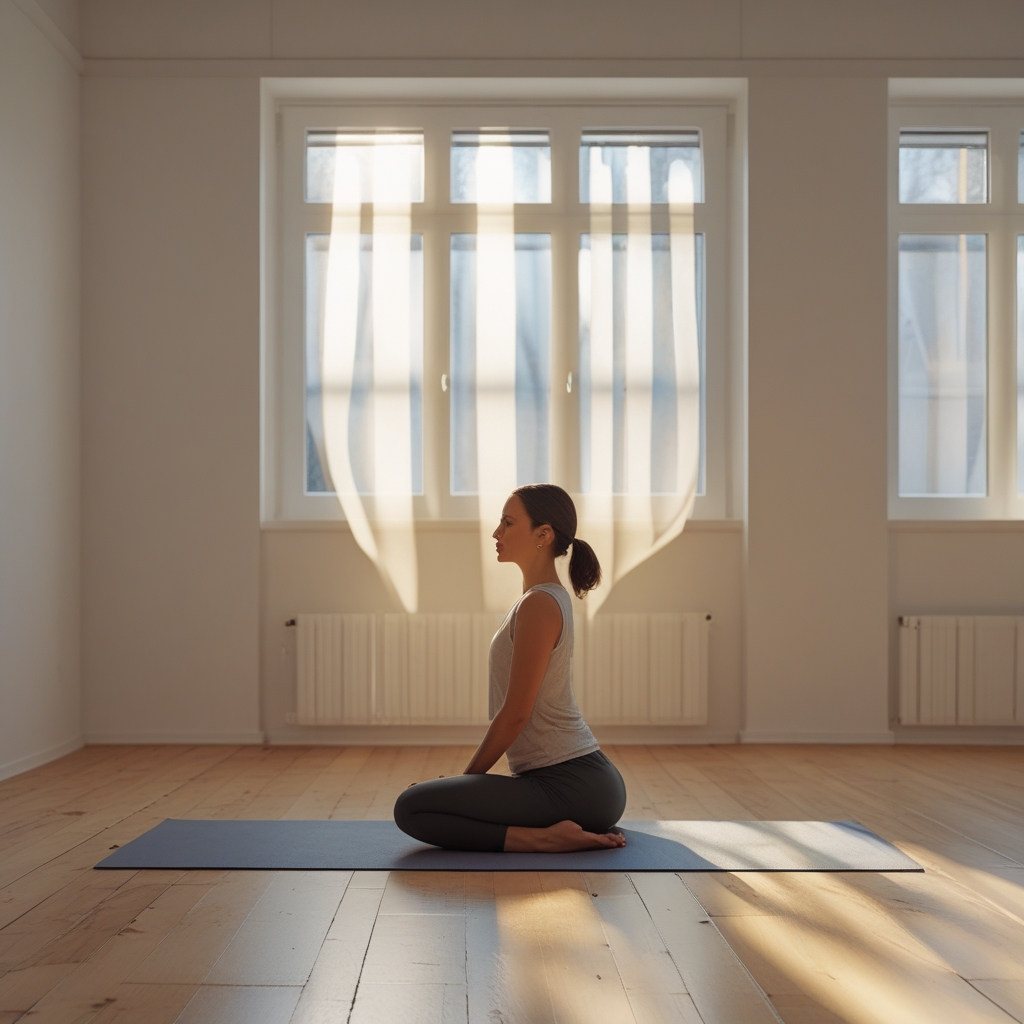 Person in ruhiger Yogapose in einem hellen, minimalistischen Studio mit Holzboden und weichen Lichtstreifen, die durch Fenster fallen und einen Schatten auf die Matte werfen