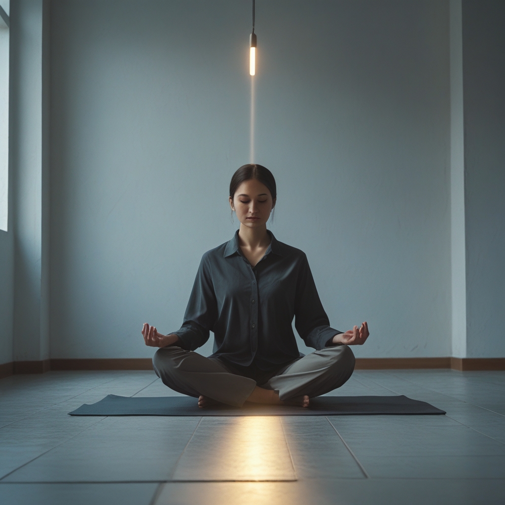 Person sitzt in meditativer Haltung auf dem Boden in einem dunklen, ruhigen Raum, nur ein einzelner Lichtstrahl trifft sanft auf die Schultern, die Hände ruhen offen auf den Knien